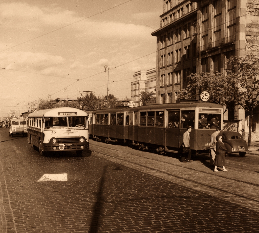 45
Niby 113bis wówczas miało krańcówkę na Placu Trzech Krzyży, by potem przez Most Poniatowskiego skierować się do Błot. A tu nagle nówka sztuka pruje prosto brukowanymi jeszcze Alejami... 
Prócz świetlika ma jednak wszystkie tablice zdjęte. Zamiast przedniej, pewien znany automobilistom znaczek. ;)
No, kto powie?
45: produkcja 1954, R5, R6, kasacja w czerwcu 1966.

Z archiwum MZA.
Słowa kluczowe: APH521 45 ? AlejeJerozolimskieNowyŚwiat 1954