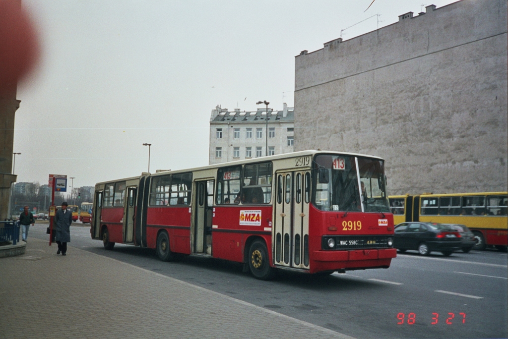 2919
413 M. Politechnika-Bródno Podgrodzie 
7.05.1997-24.06.2002
IK280.26 rok prod. 1991, NG '98, 2003>R10 2526, kasacja 2009
Słowa kluczowe: IK280 2919 413 Waryńskiego 1998