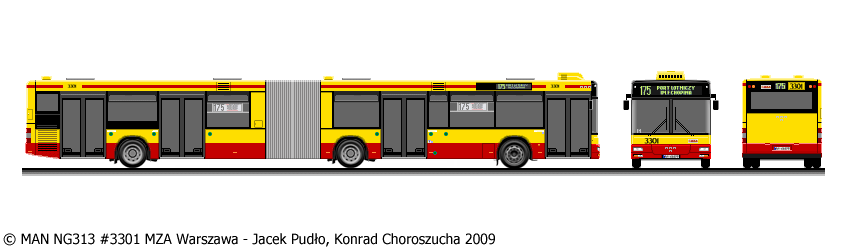 MAN NG313
Rysunek MANa - ten model narysowałem w Paint jako pierwszy w 2002 r., tutaj poprawiona wersja rysunku z 2009 r. 

Jako ciekawostkę dodam że swego czasu miałem dziesiątki zapytań od agencji reklamowych opracowujących reklamy na autobusach z prośbą o przesłanie rysunków w dużej rozdzielczości...
