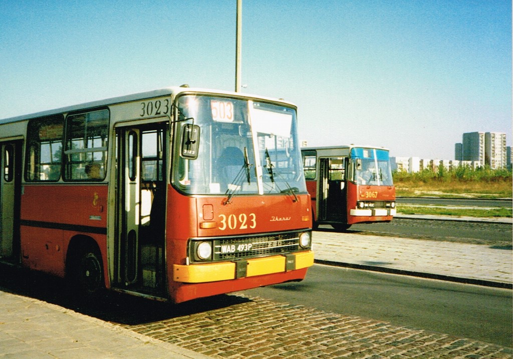 3023 3067
Najbardziej "piaseczyńska" nówka z serii szóstek z '91 ze względu na szablon, od którego namalowano numery taborowe. W wozach 3027 3077 i 3078 cyfry "7" i "8" były wg kroju woroniczańskiego. Do dziś nie mam pojęcia dlaczego. A tu widać charakterystyczny dla R-12 styl malowania numerów. 3067 jest na 505.
Słowa kluczowe: Ikarus280 Natolin 3023 503