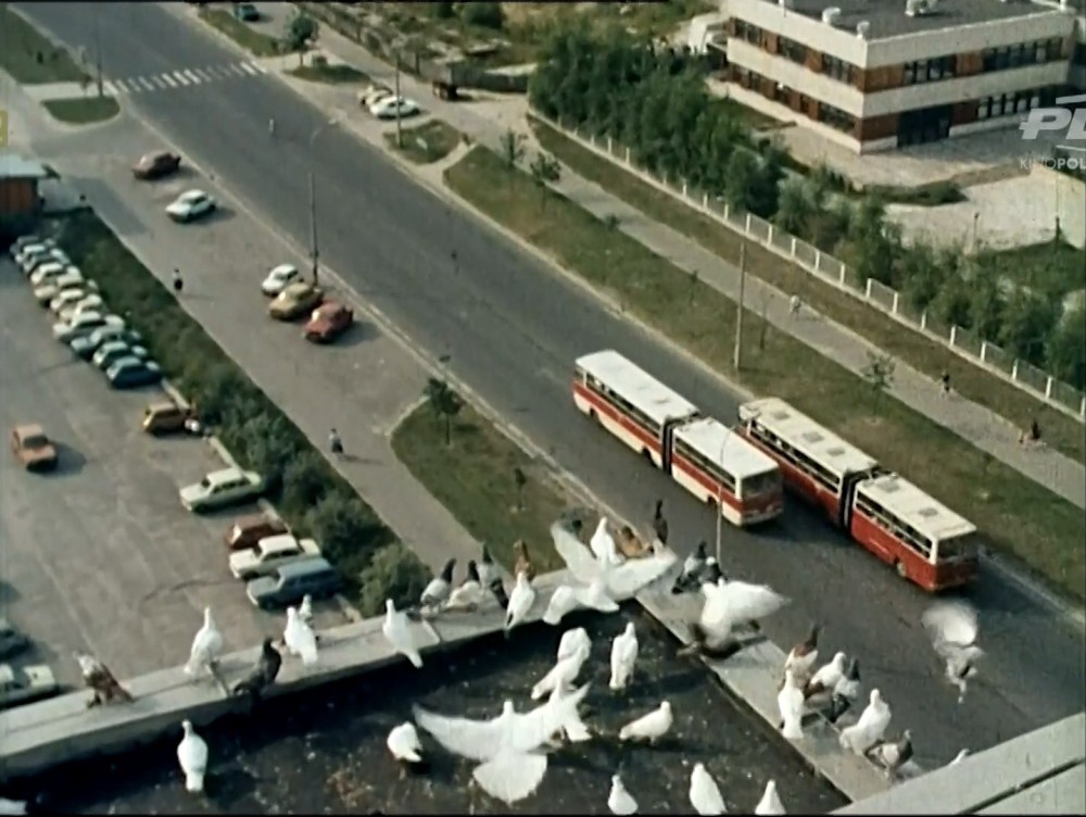 Wyścig ikarusów. Kadr z filmu "Warszawskie Gołębie" 1988. 
