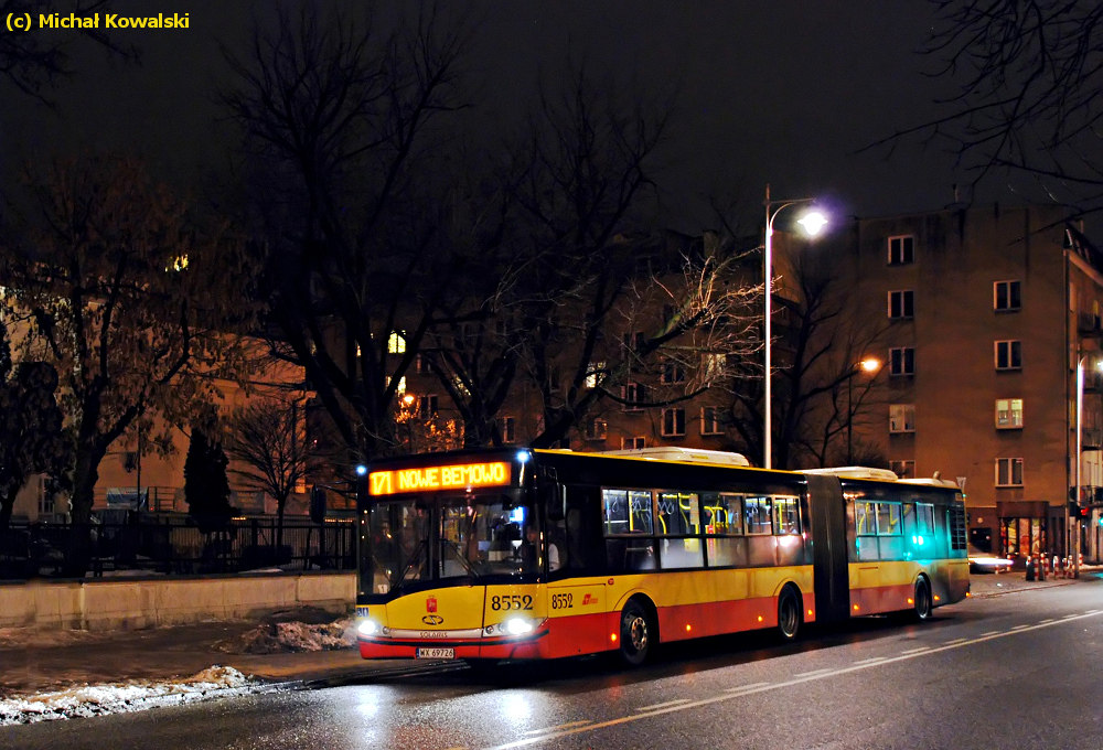 8552
Solaris Urbino 18 prod. 2011. 

Zachęcam do zapoznania się z przetasowaniami na zajezdniach MZA  z całego roku (nie tylko tymi związanymi z dostawami Conecto), które Sławek pięknie opatrzył w tabele.
[url=http://www.omni-bus.eu/joomla/index.php?option=com_content&view=article&id=380]SZCZEGÓŁY[/url]
Ma się rozumieć i tak macie odpowiednie linki na stronie głównej w "Zmianach na stronie".
Słowa kluczowe: SU18 8552 171 Rozbrat