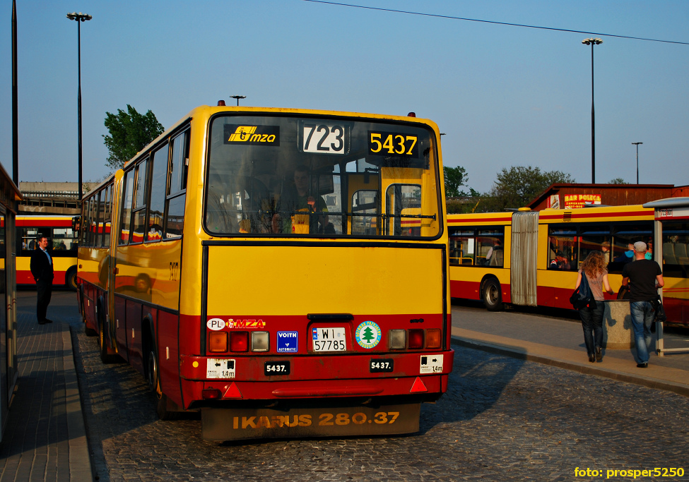 5437
Ikarus 280.37D prod. 1994. 

Wpisany na stan w grudniu. Jak widać bywało, że miewał się gorzej za czasów "prosperity" niż dziś... Nie było wyjścia - na szybko odnowiono ścianę tylną, ale że i właściciel przesiadł się do czego innego, to i personalizację pominięto.
Słowa kluczowe: IK280 5437 723 ŻerańFSO