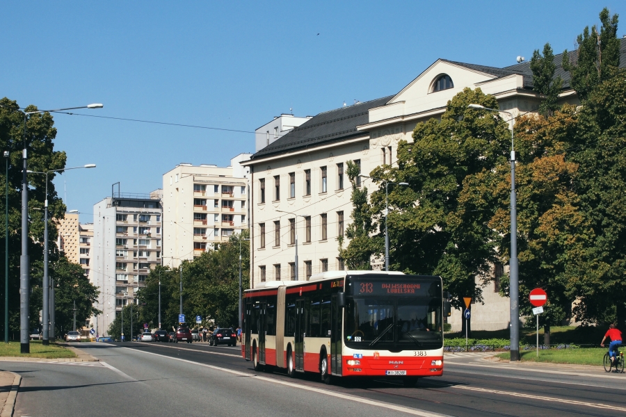 3383
Trzy trójki w numerze taborowym i dwie w linii. A jak zsumować poszczególne cyfry numeru taborowego i linii razem to wychodzi liczba podzielna przez 3. 
Razem trzy cechy dotyczące trójek ;)
Słowa kluczowe: LionsCityG 3383 313 alejaSolidarności