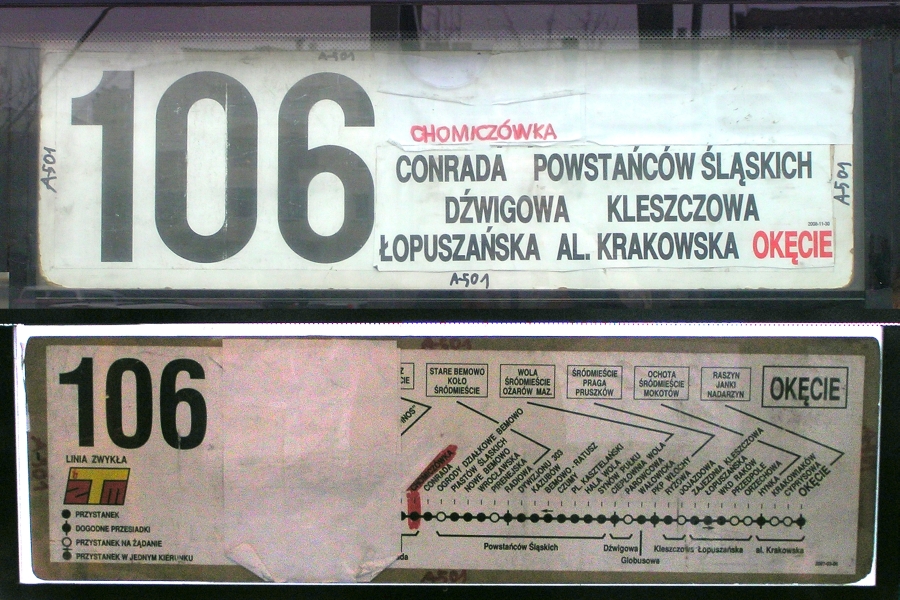 Tablica linii 106.
Obiekt nr 2 w temacie: "Inwencja twórcza w dekoracjach liniowych", ufundowany przez PKS Grodzisk Mazowiecki.
Słowa kluczowe: tablica 106