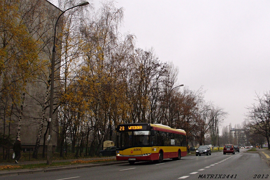 A004
Solaris Urbino 12 prod. 2009

Drugi wóz wystawiony na Z-3 jest... 12-metrowy. Temu już jest trudniej zawrócić na tymczasowym krańcu Witebska. Ludzie z okolic tamtej pętli nie dowiedzieli się widocznie, że nie kursują tam inne linie poza Z-3 i cały czas czekają na 517, 160 i 162... :D

Pozdrowienia dla kierowcy wozu!
Słowa kluczowe: SU12 A004 Z-3 Trocka