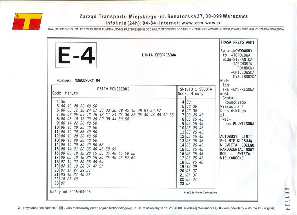 Rozkład E-4 z kwietnia 2006
Rozkład E-4 z czasów świetności linii. Kursowała ona wtedy cały tydzień, a w porannym szczycie osiągała częstotliwość 3 minut. Wszystko oczywiście na Ikarusa.
Interesują kogoś takie ciekawostki? Wrzucać czasem czy raczej sobie odpuścić?
Słowa kluczowe: rozkład E-4 Nowodwory