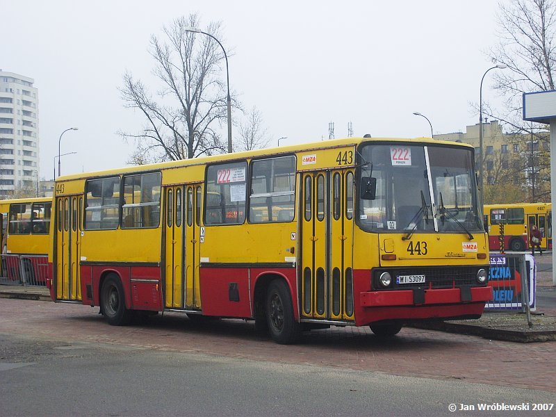 443
Akcja cmentarna 2007. 443 w trakcie obsługi linii 222 (ob. C22). Jego przednia klapa kryła ślady po co najmniej dwóch innych numerach taborowych..
Słowa kluczowe: IK260 443 222 Powązki 2007 WS2007