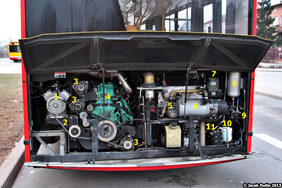 1003 silnik
W midi-autobusie zastosowano silnik Cummins ISB6.7E5 250B. Cummins często maluje silniki na kolor turkusowy lub np. czerwony. Może po to by odróżnić się od innych producentów, których silniki są zwykle ciemnoszare? Ta amerykańska firma współpracuje przy opracowywaniu układów wtryskowych ze Scanią. Jednostka napędowa jest w Urbino 10 odsunięta od narożnika autobusu, w porównaniu do np. Urbino 18.
